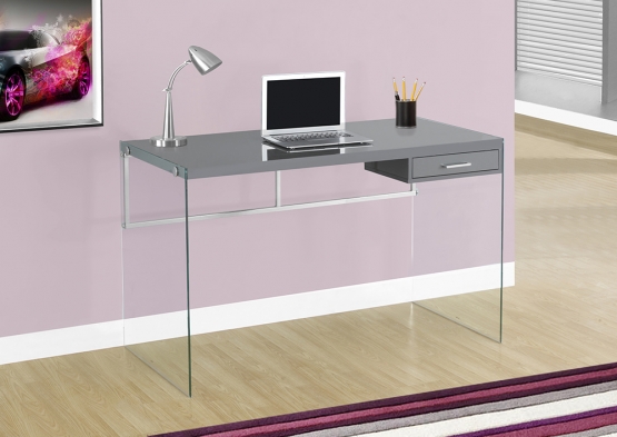 Monarchspecialties I 7208 48 In. L, Computer Desk With Tempered Glass - Glossy Grey