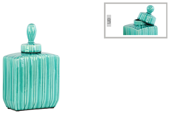 32516 Ceramic Rectangular Canister With Embossed Pattern, Lid & Handle, Small - Turquoise