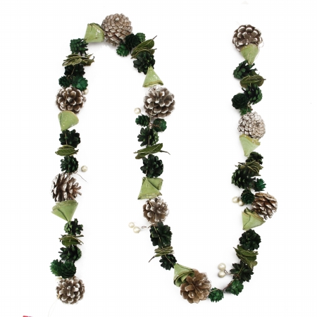 31743095 Decorative Green Pine Cone Wooden Rose And Faux Pearl Artificial Christmas Garland