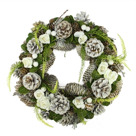 31742586 White Frosted Pine Cone Roses And Twigs Artificial Christmas Wreath