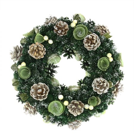 31742047 Green Mini Pine Cone And Wooden Rose Artificial Christmas Wreath
