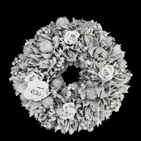 31742069 White Glitter Rose And Walnut Shell Artificial Christmas Wreath