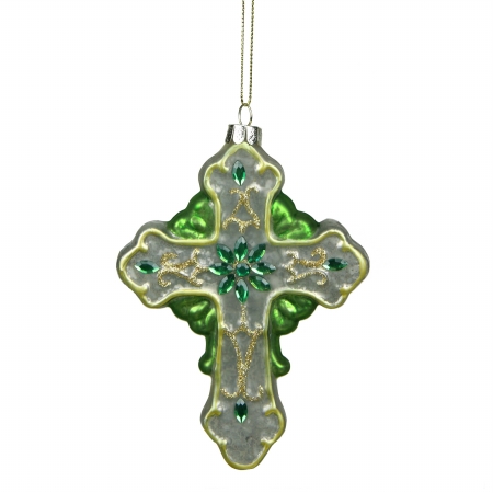 31751531 Luck Of The Irish Green And White Mercury Finish Cross Glass Christmas Ornament