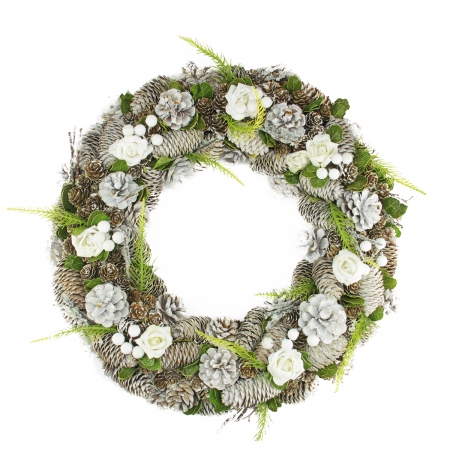 31743573 White Frosted Pine Cone Roses And Twigs Artificial Christmas Wreath