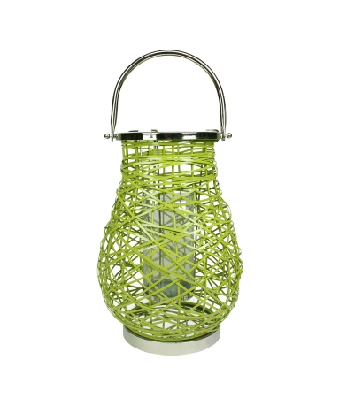 31580107 Modern Green Decorative Woven Iron Pillar Candle Lantern With Glass Hurricane