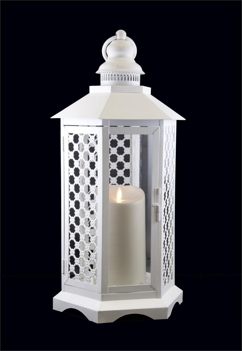 31084965 White Floral Lattice Lantern With Luminara Flameless Led Lighted Candle