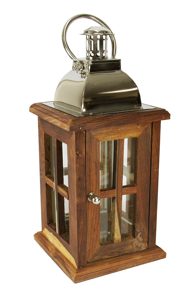 31319813 18 In. Modern Sheesham Wood Candle Lantern With Silver Metal Handle