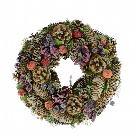 31741649 13 In. Sugared Purple And Red Pine Cone And Berries Artificial Christmas Wreath - Unlit