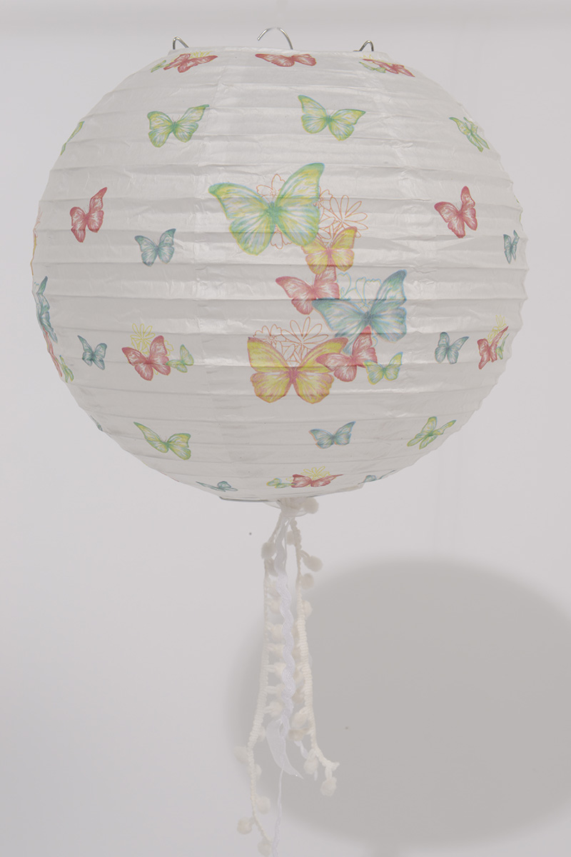 31366706 9 In. Leau De Fleur White Butterfly And Floral Chinese Paper Lantern With White Tassels