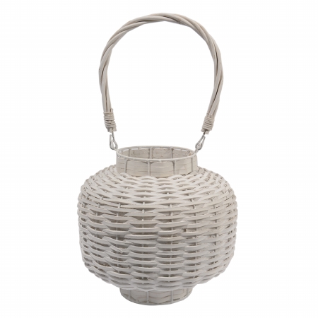 31367495 17.5 In. Beach Day Weathered White Woven Wood Pillar Candle Lantern