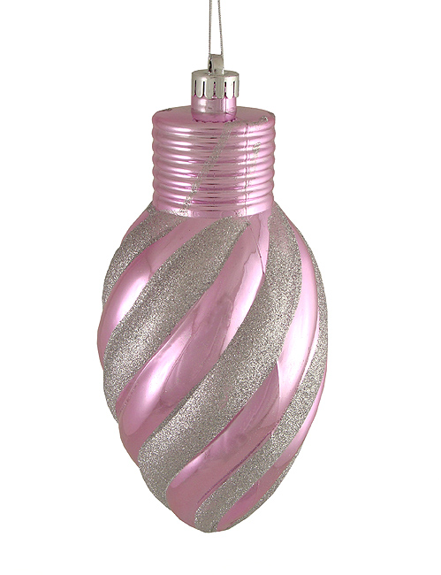 23121406 Bubblegum Pink Glitter Stripe Shatterproof Light Bulb Christmas Ornament 11 In.