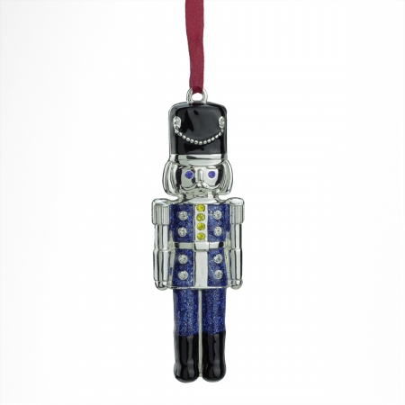 Regal Shiny Silver Plated Blue Nutcracker Ornament With European Crystals