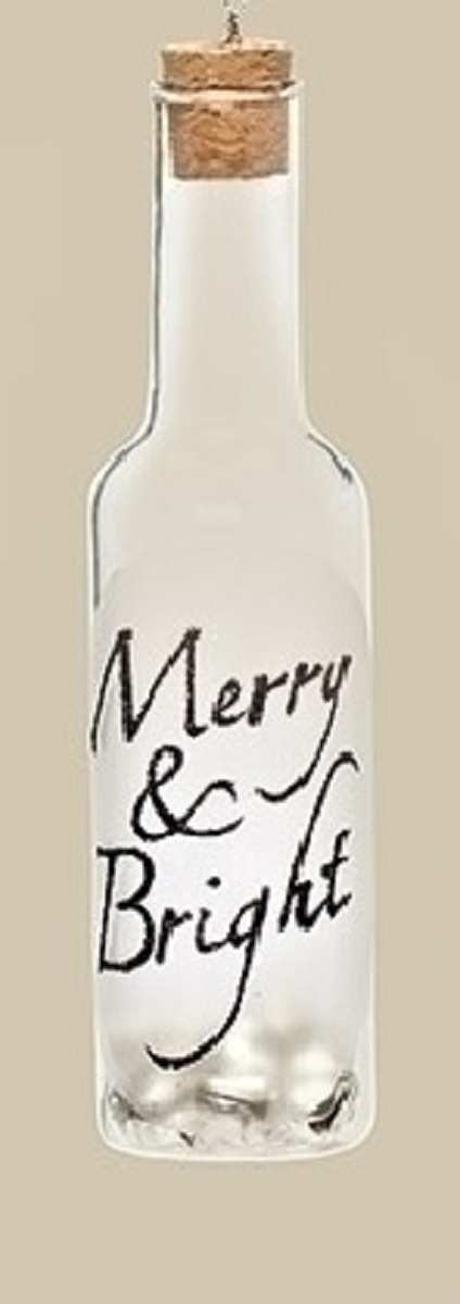 31751580 Clear Glass Wine Bottle Inscribed Merry & Bright With Jingle Bells Christmas Ornament