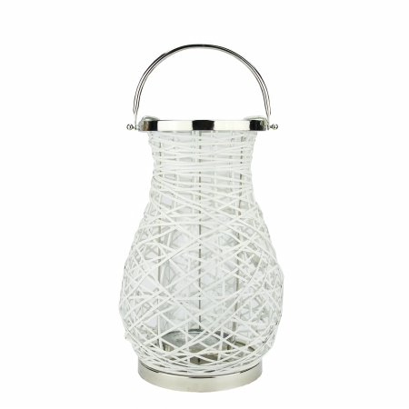 31580064 Modern White Decorative Woven Iron Pillar Candle Lantern With Glass Hurricane