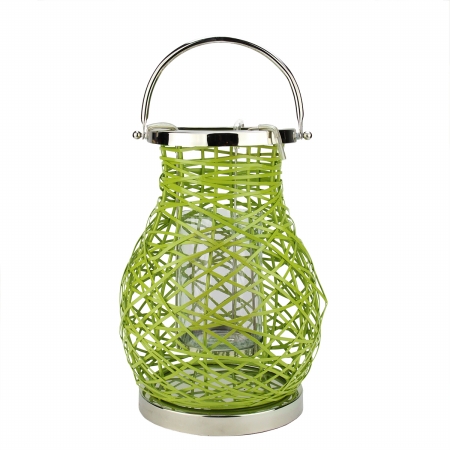 31580083 Modern Green Decorative Woven Iron Pillar Candle Lantern With Glass Hurricane