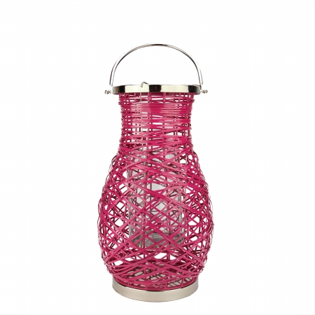 31580046 Modern Fuschia Pink Decorative Woven Iron Pillar Candle Lantern With Glass Hurricane