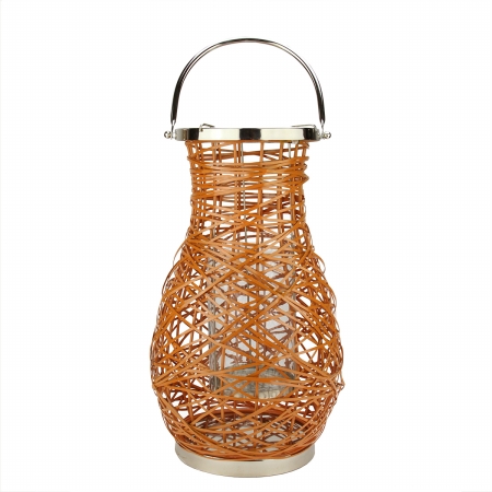 31580106 Modern Orange Decorative Woven Iron Pillar Candle Lantern With Glass Hurricane