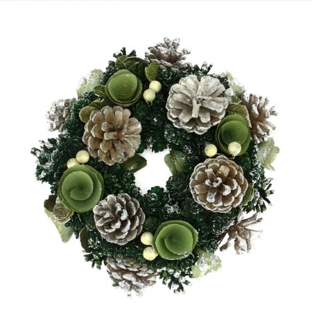 31742051 Green Mini Pine Cone And Wooden Rose Artificial Christmas Wreath