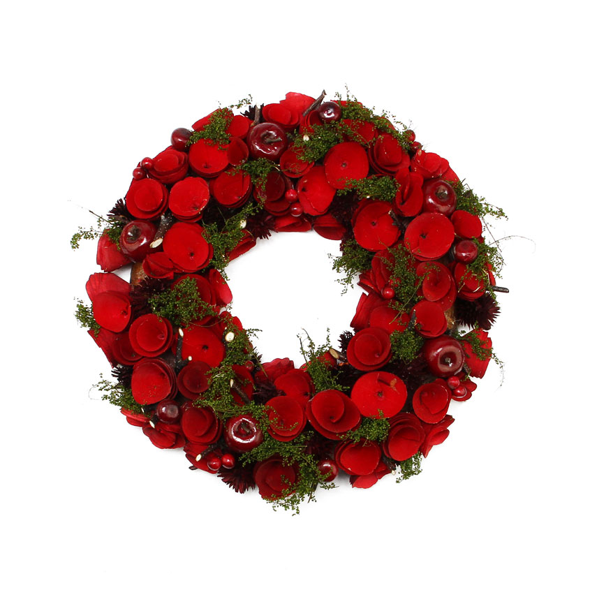 31742335 Red Wooden Roses And Berries Artificial Christmas Wreath