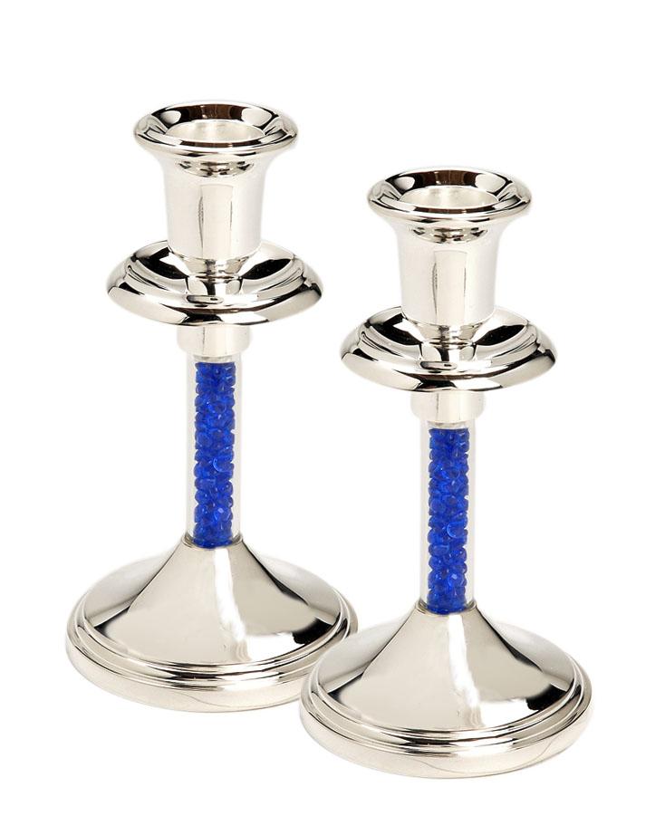 Ch-728 Silver Plated Candle Holders With Clear Center - Blue Stones