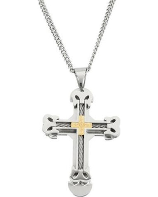 2spd20179-st 316l Stainless Steel And Gold Ip Cable Wire Cross Pendant, 24 In.