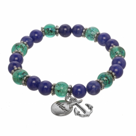 Wb 05. C Water Element Stretch Beaded Gemstone Bracelet With An Anchor Charm Dollar