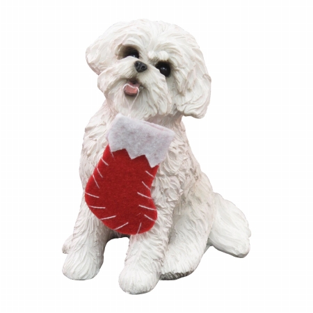 Bichon Frise With Stocking Christmas Ornament Sculpture