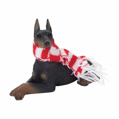 Black Doberman Pinscher With Red And White Scarf Christmas Ornament Sculpture