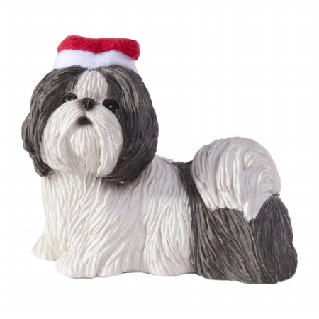 Silver And White Shih Tzu With Santa Hat Christmas Ornament Sculpture