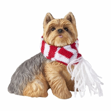 Yorkshire Terrier With Red And White Scarf Christmas Ornament Sculpture