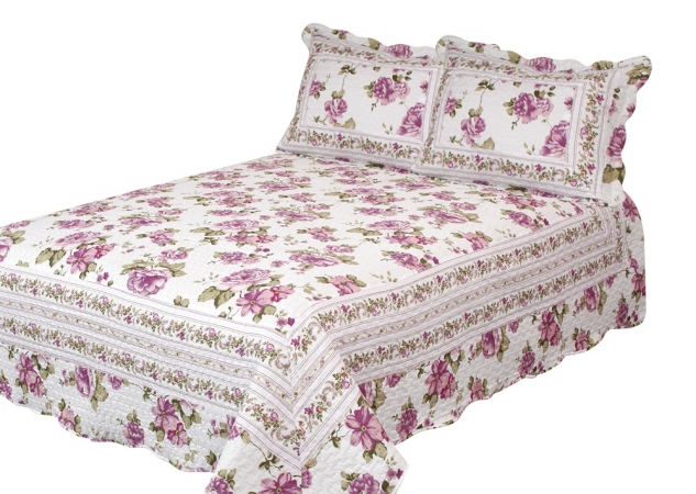 Qqpebl Peony Bloom Queen Quilt With 3 Piece Pillow Shams Set, Rose Purple