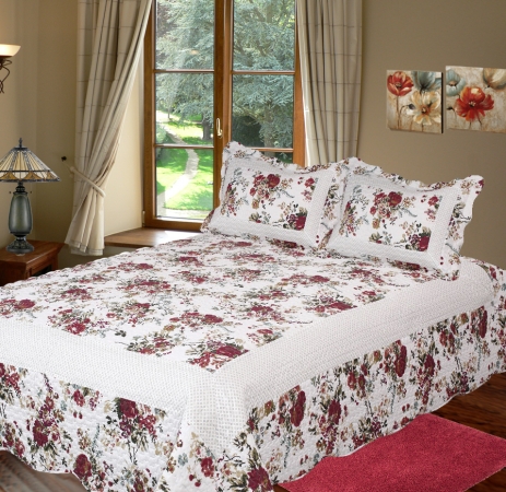 Qkblro Bella Rosa King Quilt With 3 Piece Pillow Shams Set, Tuscan Red