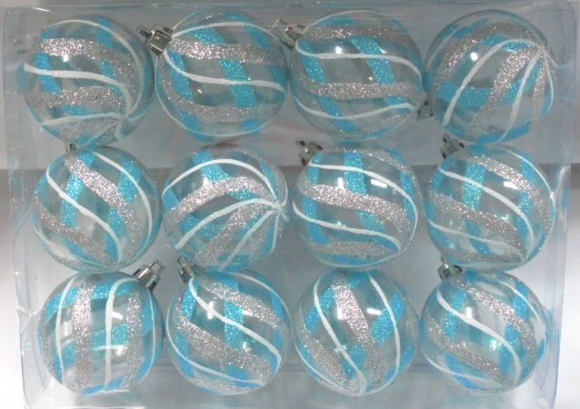 Clear Ball Ornament With Aqua, Silver & White Swirls Design - Pack Of 12