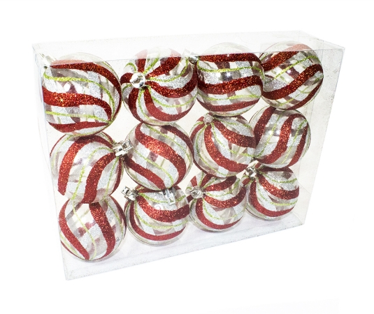 Clear Ball Ornament With Red, Silver & Green Swirls Design - Pack Of 12