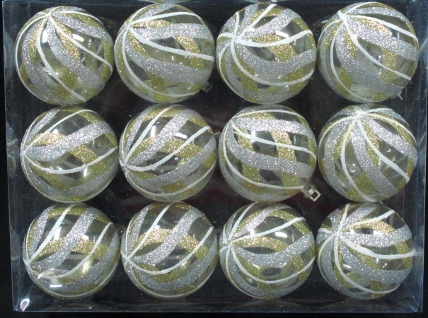 Clear Ball Ornament With Gold, Silver & White Swirls Design - Pack Of 12