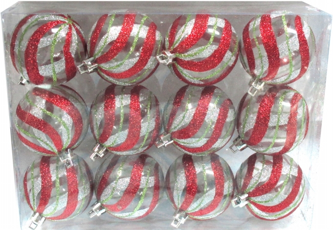Clear Ball Ornament With Red, Silver & Gold Swirl Design - Pack Of 12