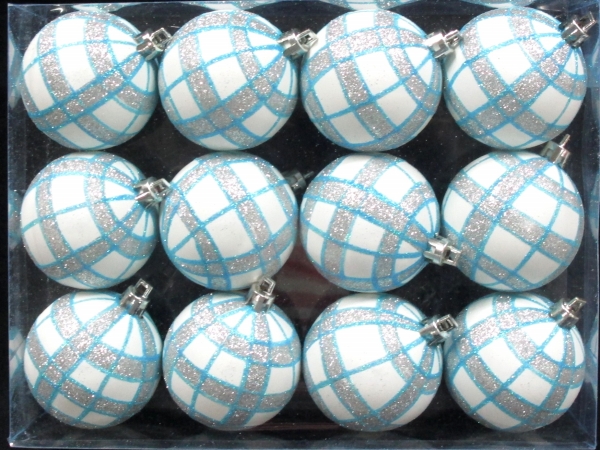 White Ball Ornament With Aqua & Silver Plaid Design, Pack Of 12