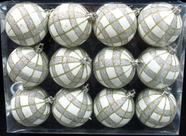 White Ball Ornament With Gold & Silver Plaid Design, Pack Of 12