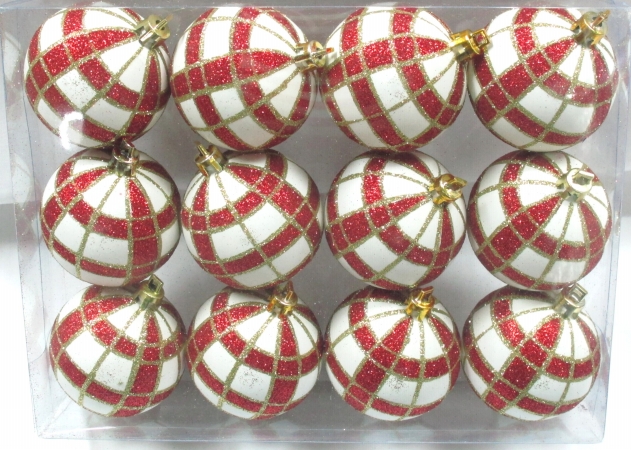 White Ball Ornament With Red & Gold Plaid Design, Pack Of 12