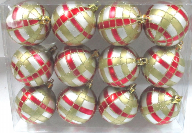 Silver Ball Ornament With Red & Gold Plaid Design, Pack Of 12