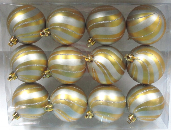 Gold Ball Ornament With Silver Spiral Design, Pack Of 12