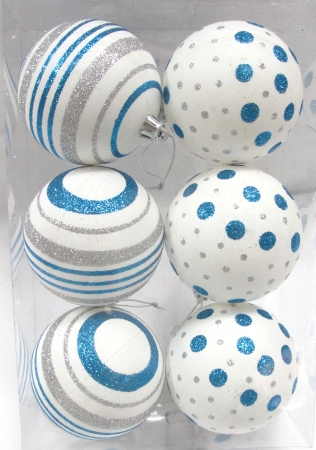 White Ball Ornament With Silver & Aqua Dot Line Design, Pack Of 6