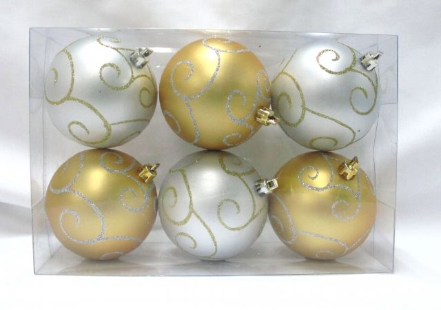 Gold & White Ball Ornament With Swirl Design, Pack Of 6