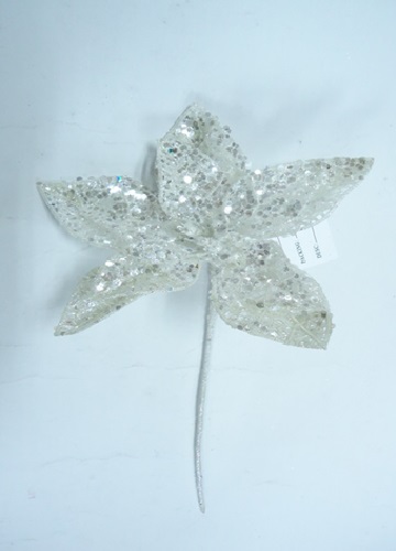 14 In. White Christmas Flower Pick With White Glitter
