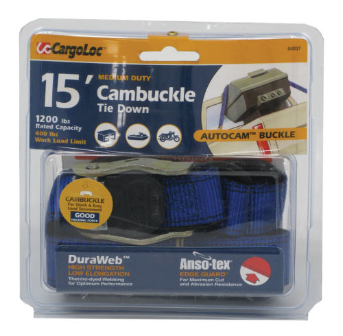 84037 Blue Cambuckle Tie Down With S Hooks, 15 Ft.
