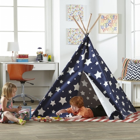 Childrens Teepee Play Tent With White Stars, Blue