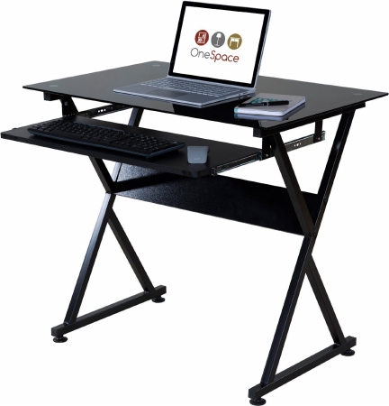 Ultramodern Glass Computer Desk With Pull-out Keyboard Tray, Black