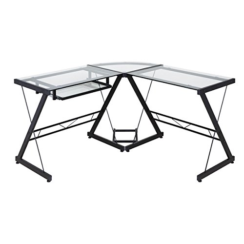 50-jn110500 Ultramodern Glass L-shape Desk, Black & Clear