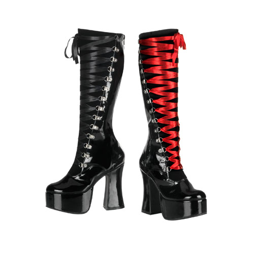Demonia Slush-219 4.75 Inch Corset Front Platform Black Pat Suede Knee Boots Size 11