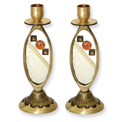 Alef Judaica CH1949 Oval Metal and Glass Shabbat Candle Sticks with Orange Stones on Glass